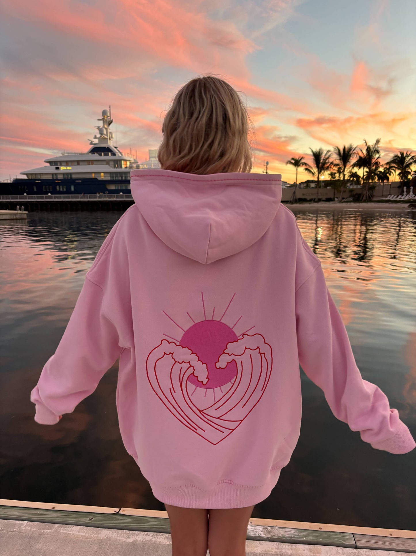 Pink Ocean Heart Stitched Hoodie - 100% Cotton