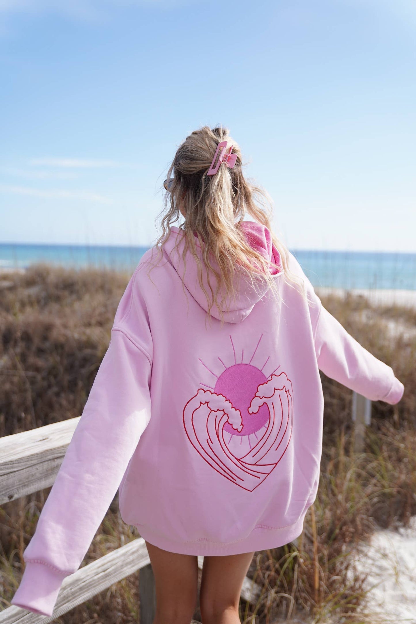 Pink Ocean Heart Stitched Hoodie - 100% Cotton