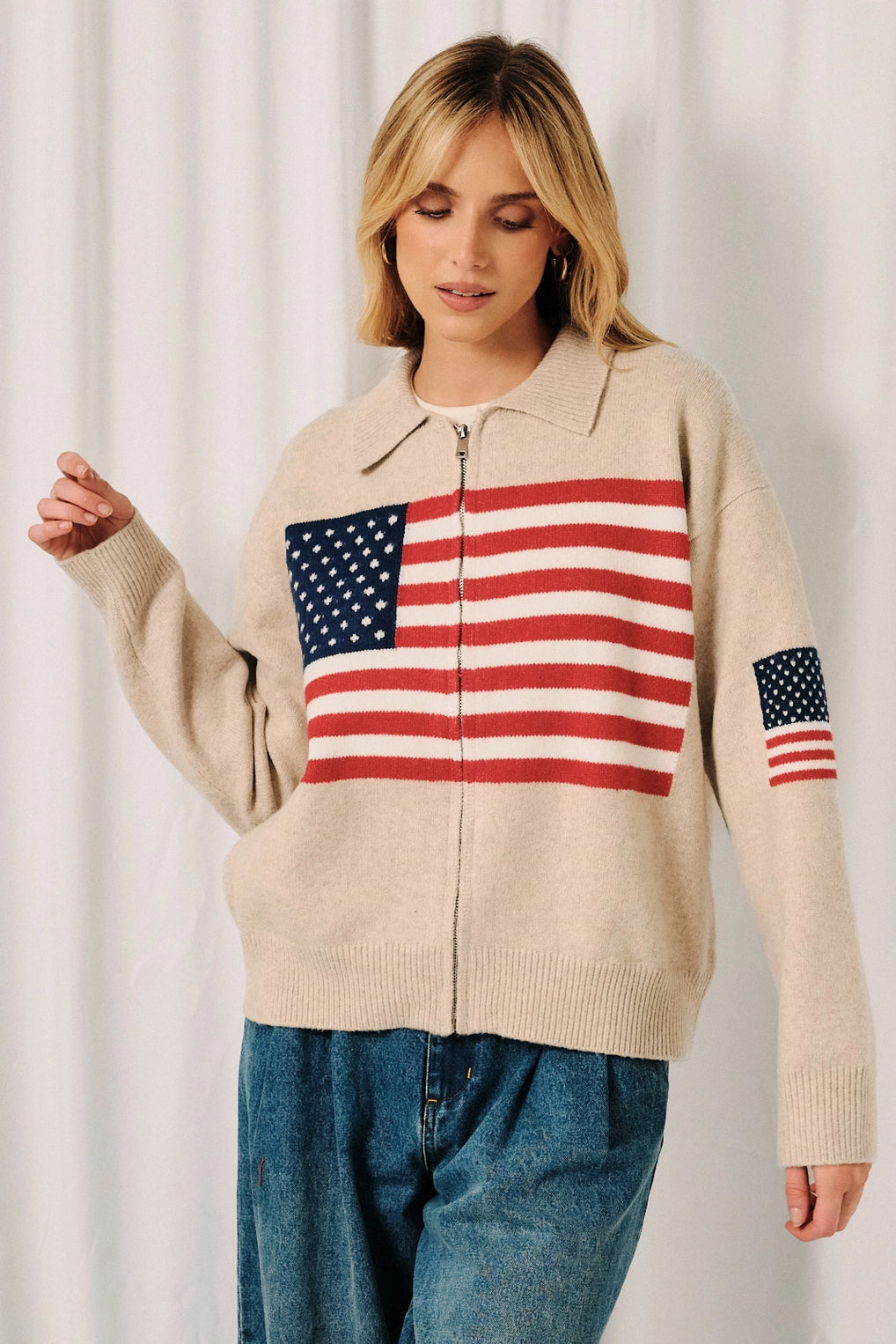 Collared USA Flag Sweater Zip Up