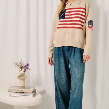 Collared USA Flag Sweater Zip Up