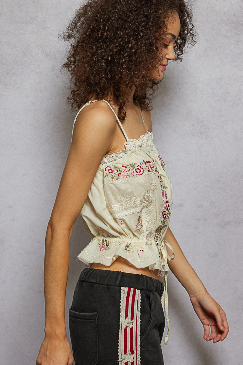Sleeveless Embroidered Trim Solid Poplin Top - Cream