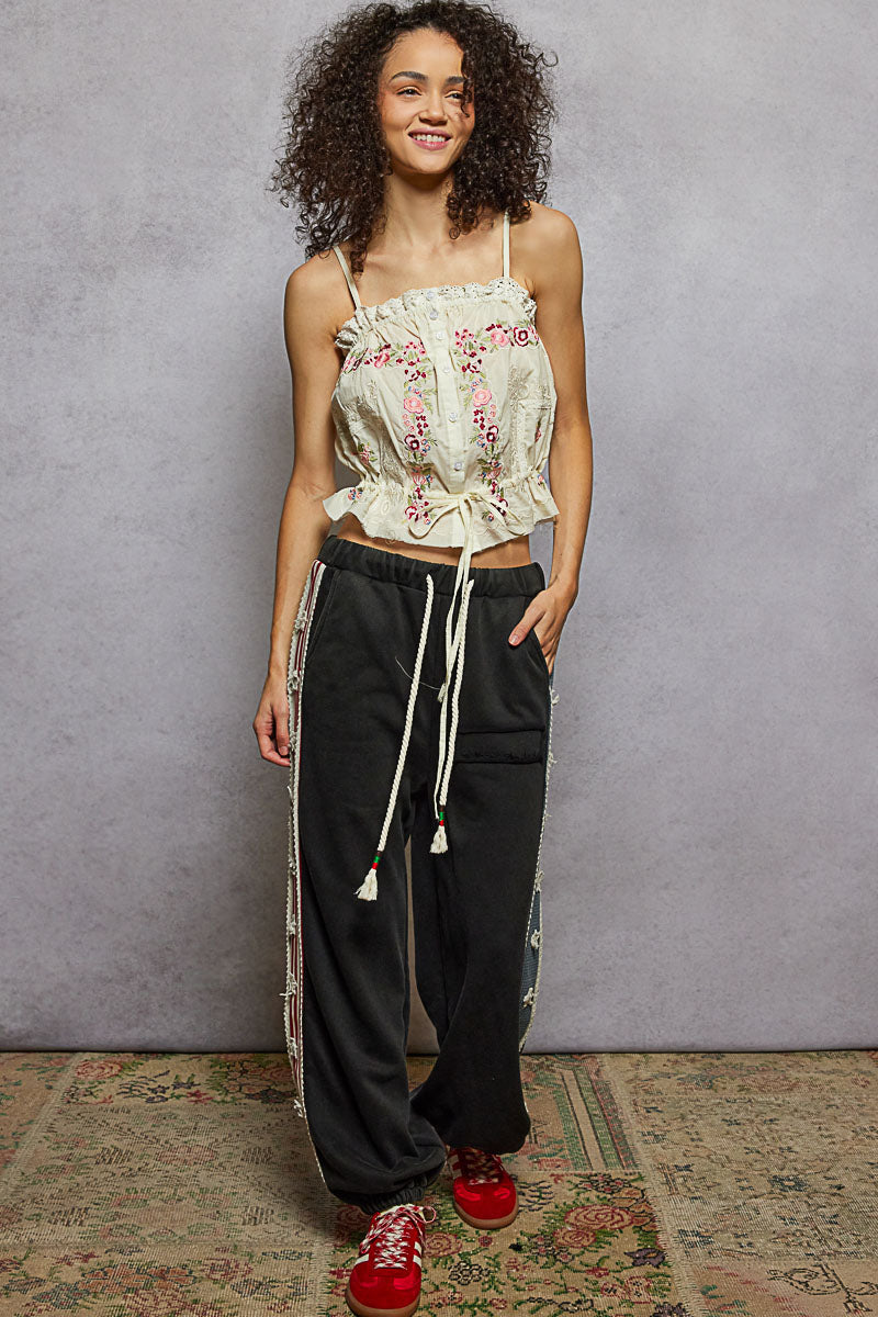 Sleeveless Embroidered Trim Solid Poplin Top - Cream