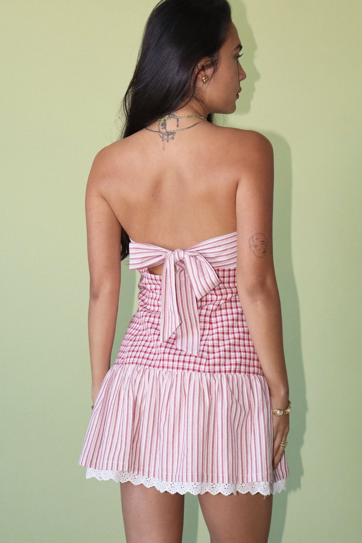 Strapless Gingham Button Front Mini Dress