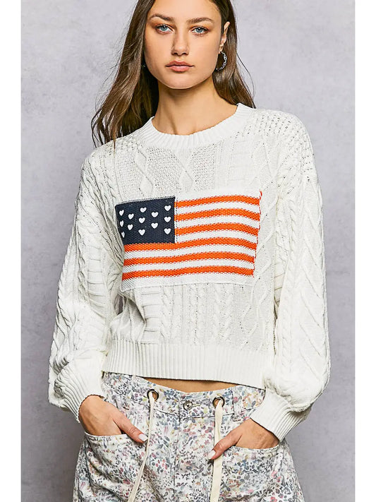Cable Knit Flag Sweater - Ivory