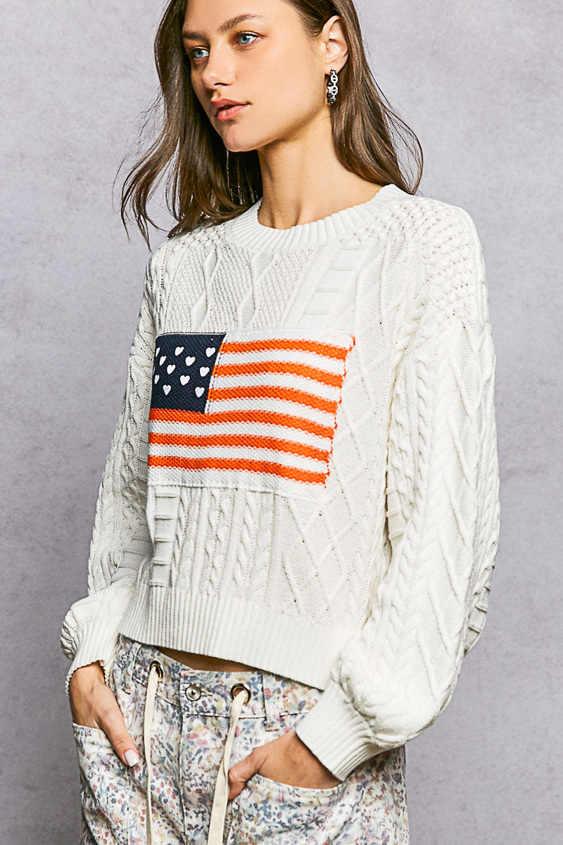 Cable Knit Flag Sweater - Ivory