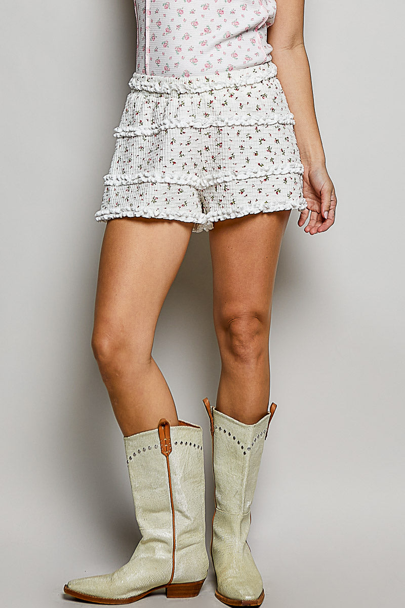 Floral Smocked Ruffle Tiered Shorts - Ivory