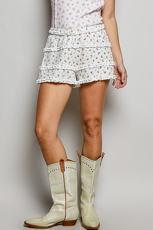Floral Smocked Ruffle Tiered Shorts - Ivory
