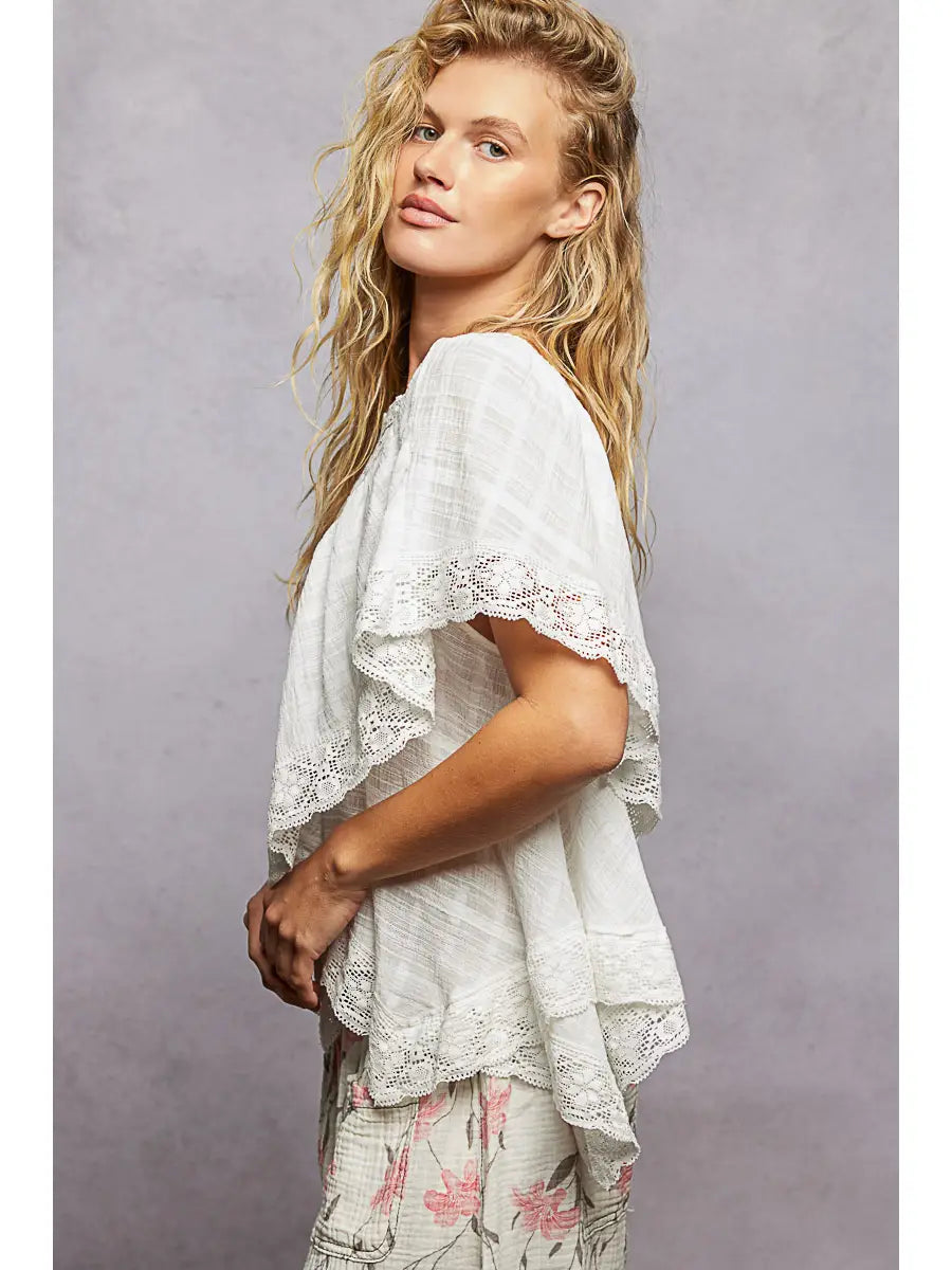 Lace Trim V Ruffle Detail Textured Woven Short Sleeve Top