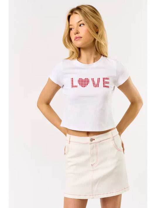"Love" Gingham Cropped Tee