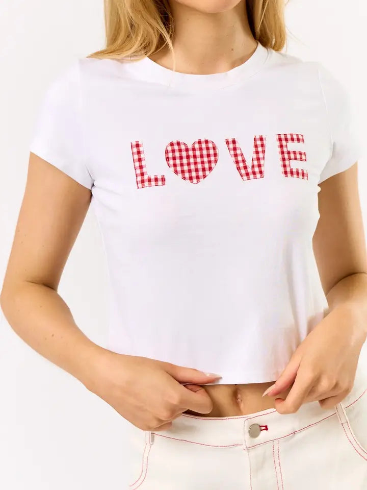 "Love" Gingham Cropped Tee