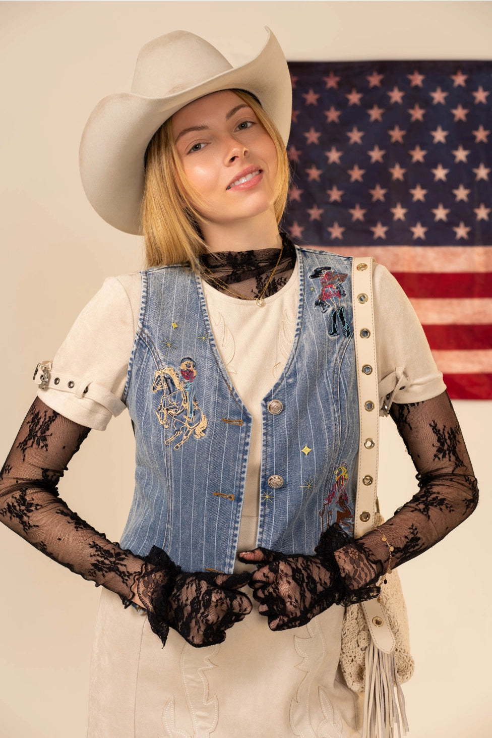 Pinstripe Embroidered Denim Crop Vest - Light Wash