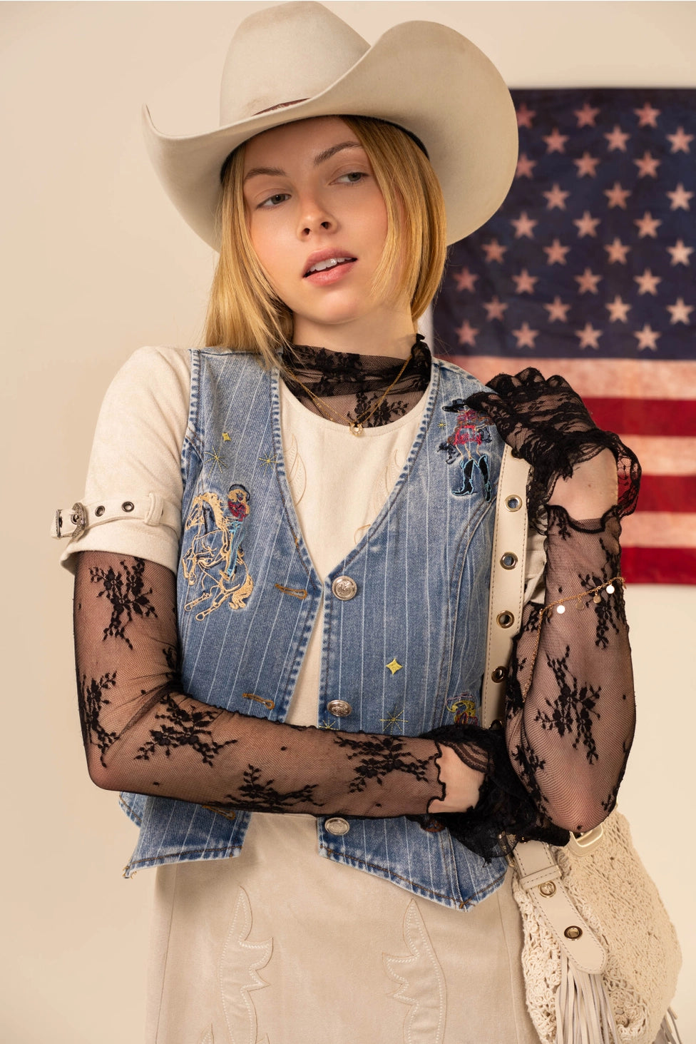 Pinstripe Embroidered Denim Crop Vest - Light Wash