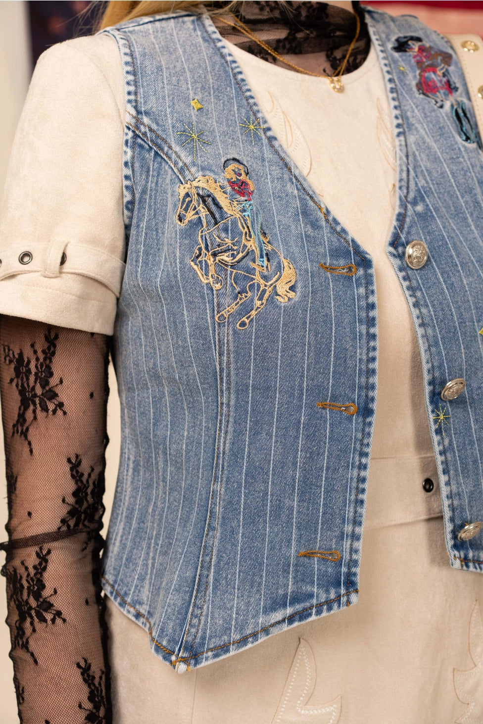 Pinstripe Embroidered Denim Crop Vest - Light Wash