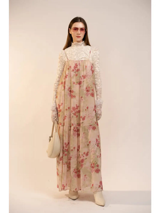 Chiffon Floral Pleated Boho Maxi Dress - Mauve Rose