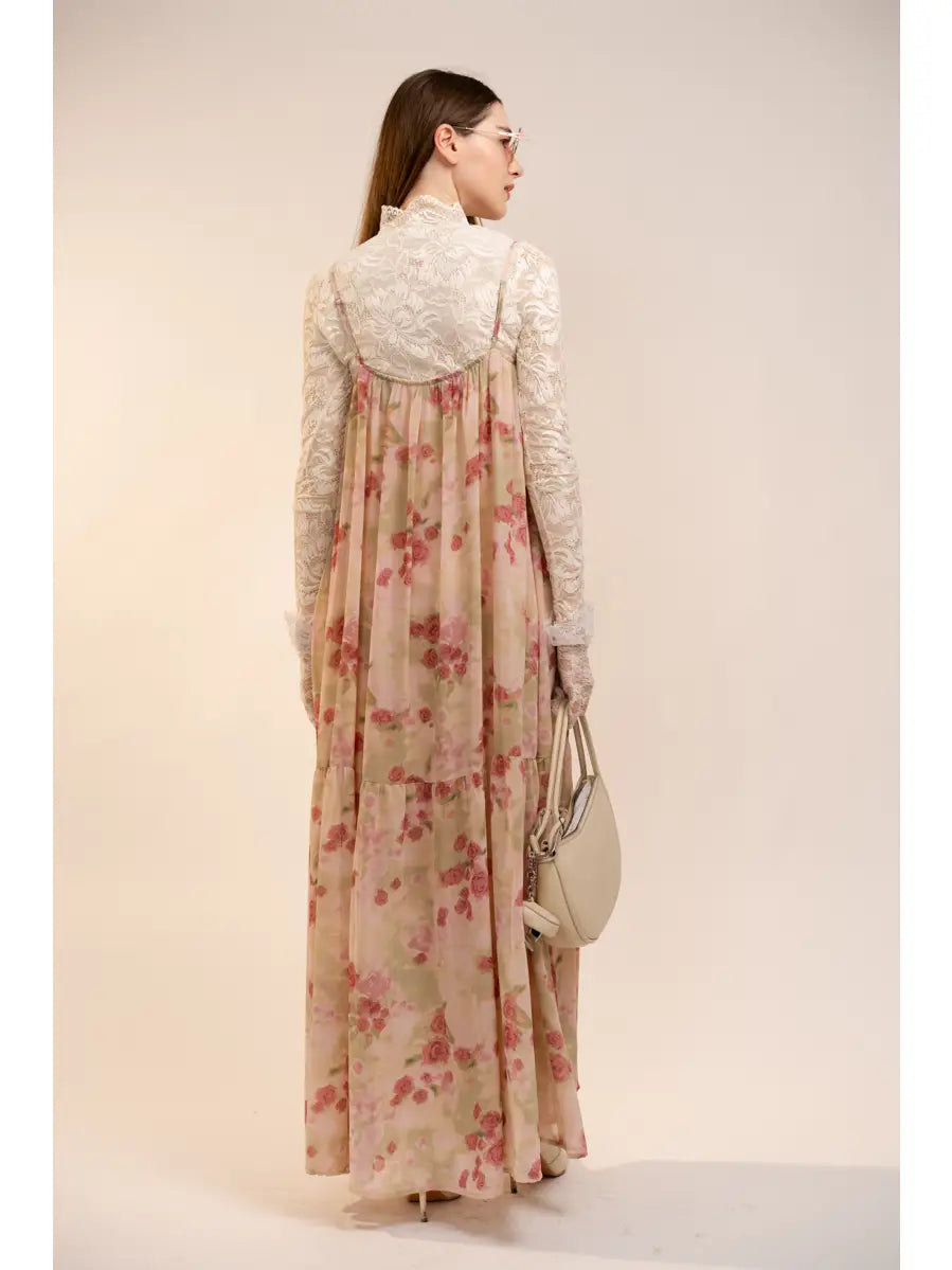 Chiffon Floral Pleated Boho Maxi Dress - Mauve Rose
