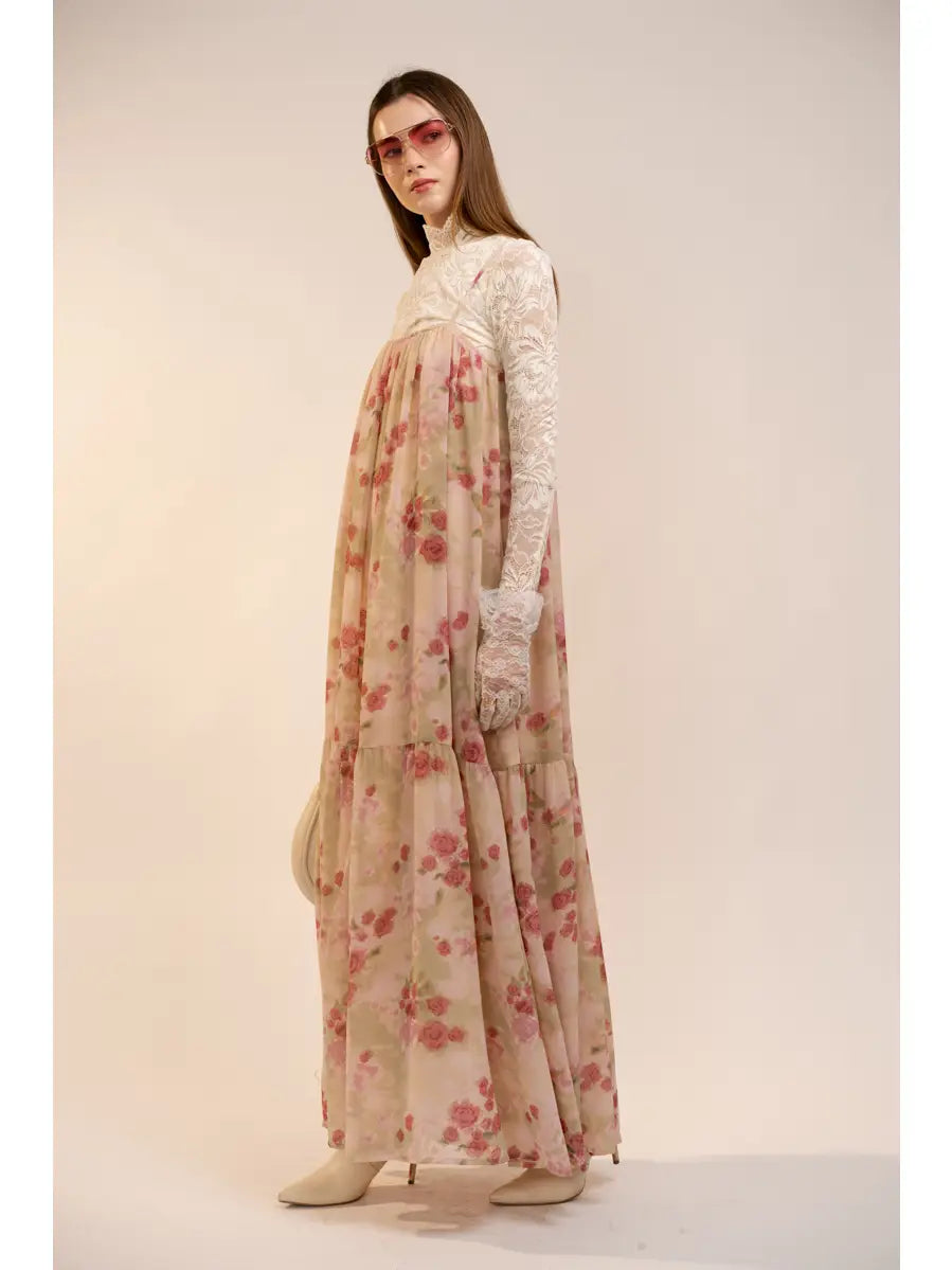 Chiffon Floral Pleated Boho Maxi Dress - Mauve Rose