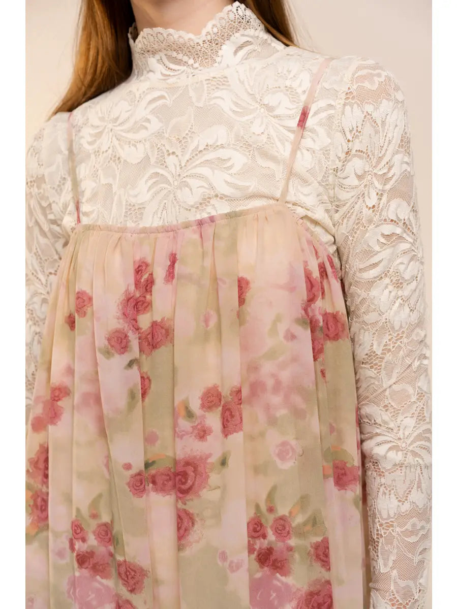 Chiffon Floral Pleated Boho Maxi Dress - Mauve Rose