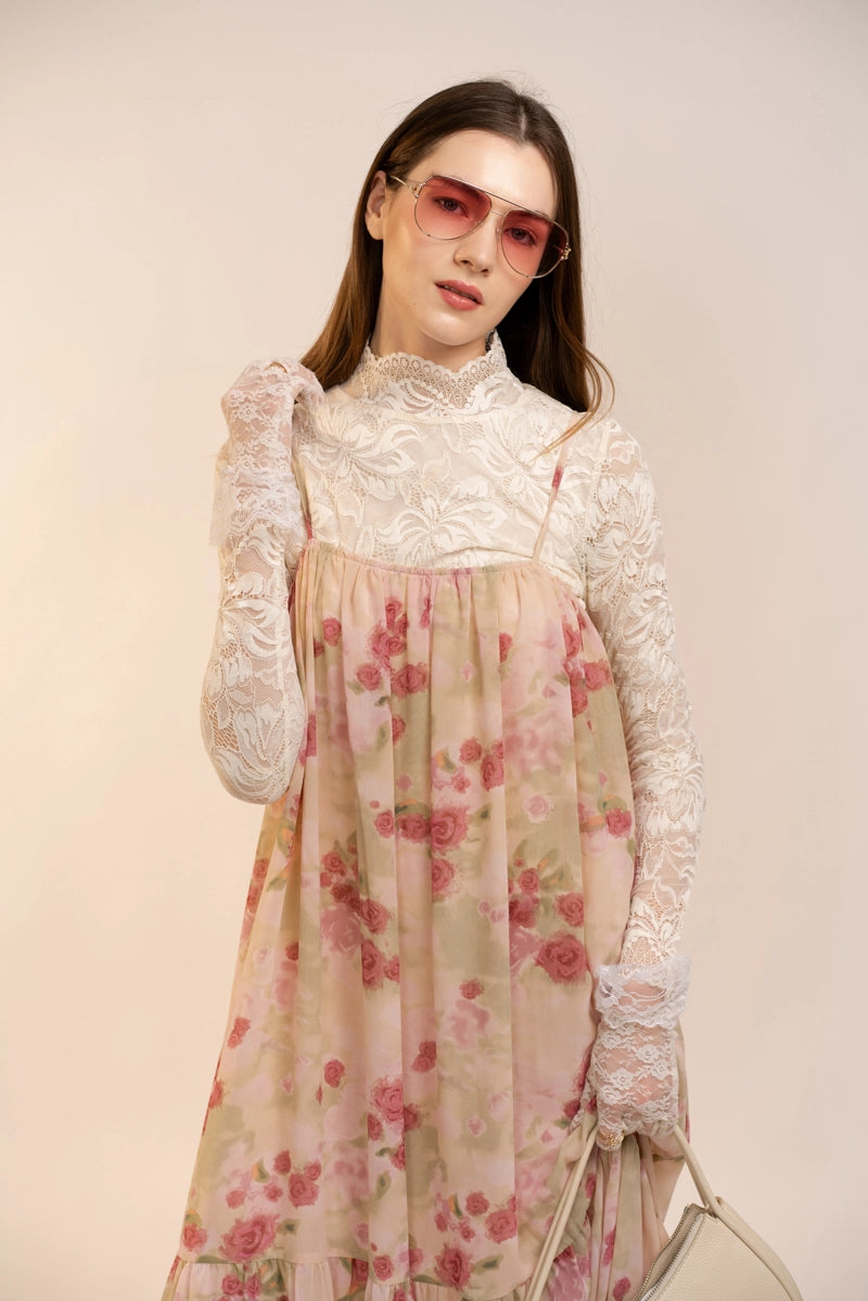 Chiffon Floral Pleated Boho Maxi Dress - Mauve Rose