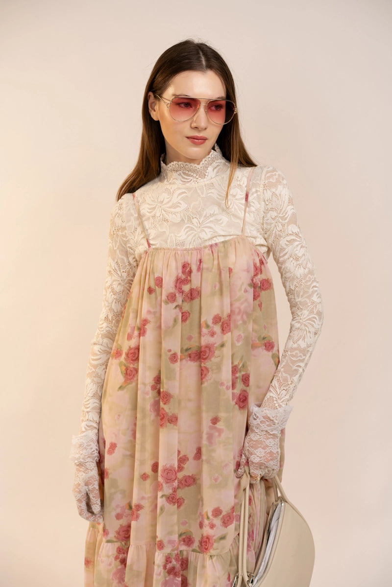Chiffon Floral Pleated Boho Maxi Dress - Mauve Rose