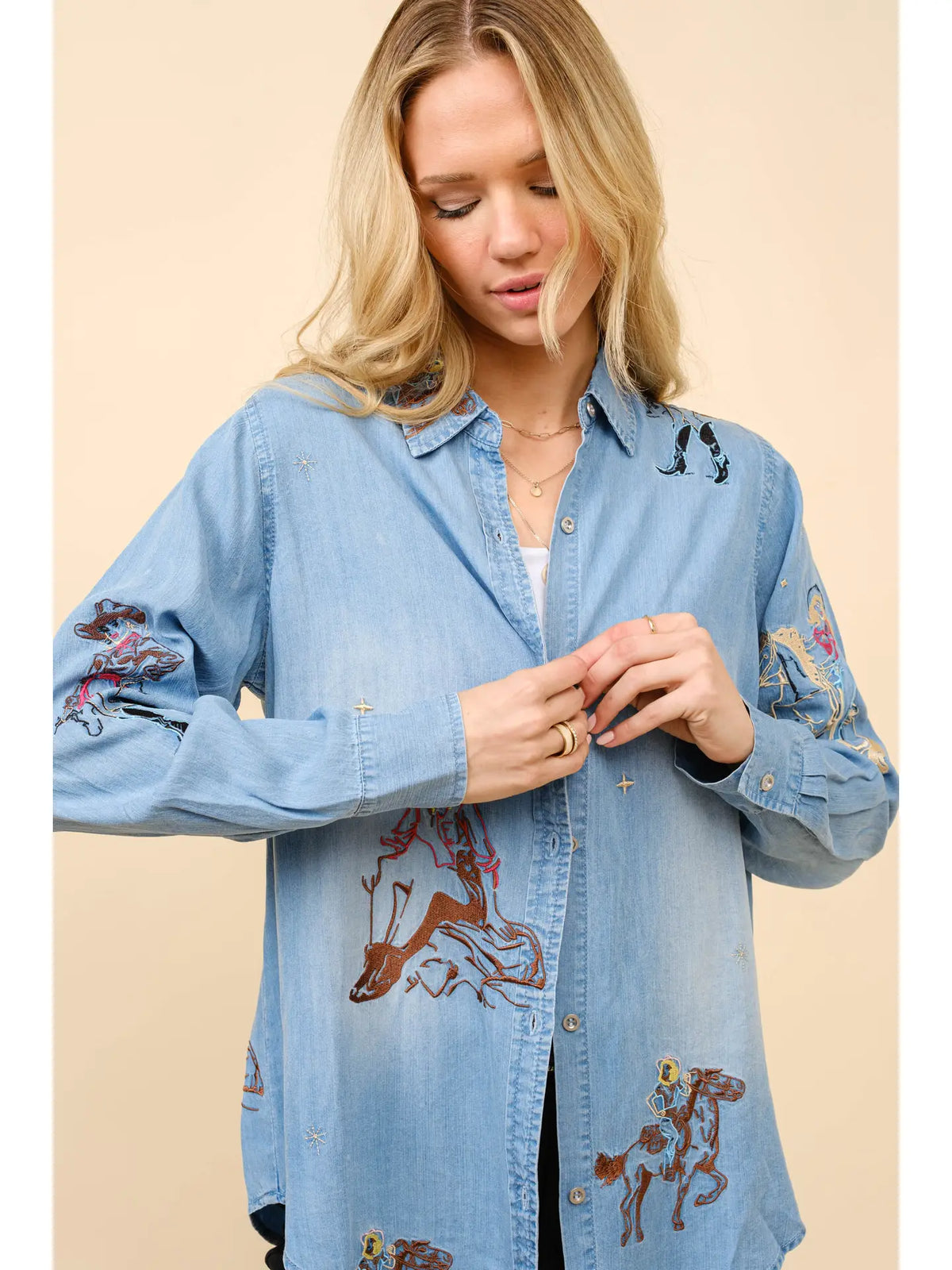 Western Motif Embroidered Denim Shirt - Med Wash