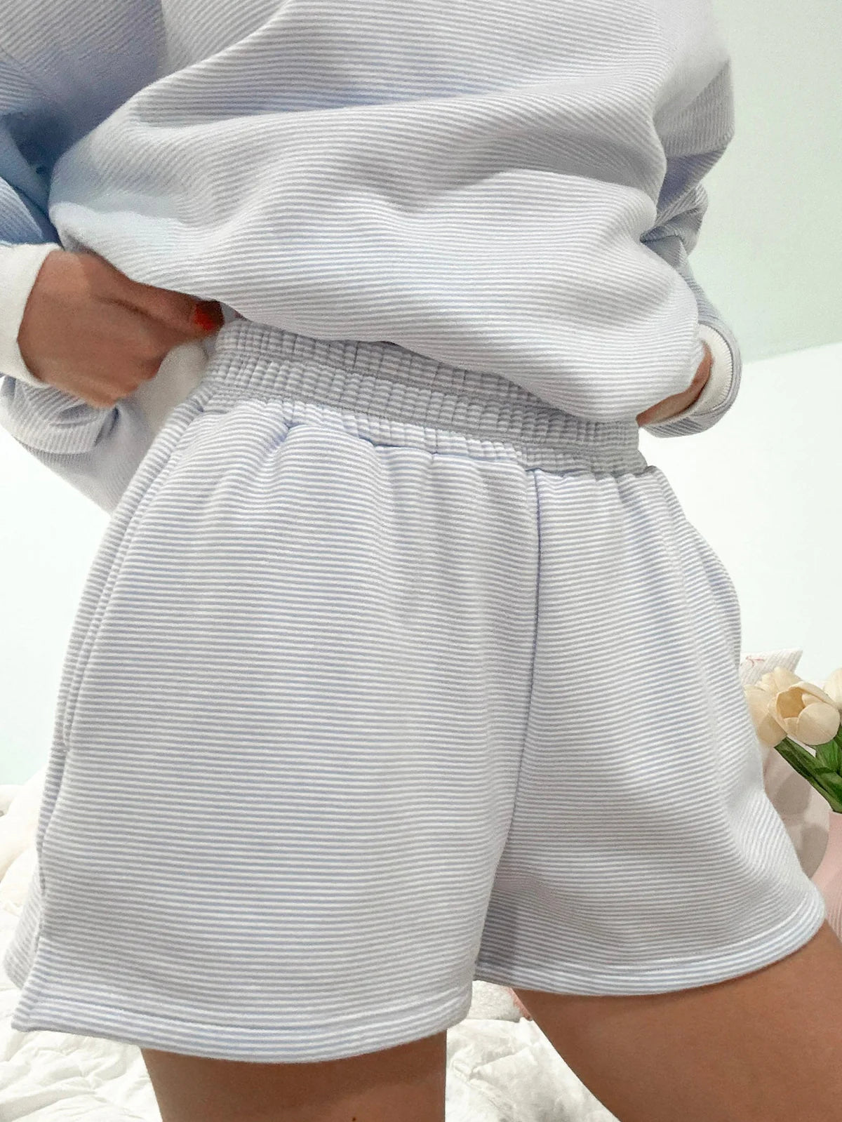 Blue and White Mini Striped Shorts