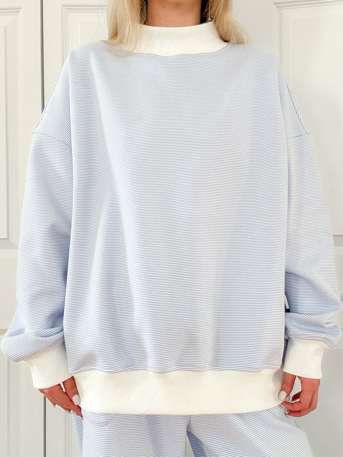 Blue and White Mini Striped Mockneck