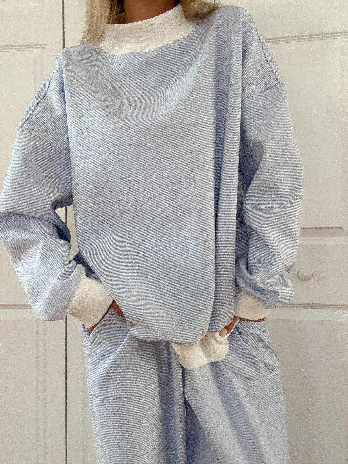 Blue and White Mini Striped Mockneck