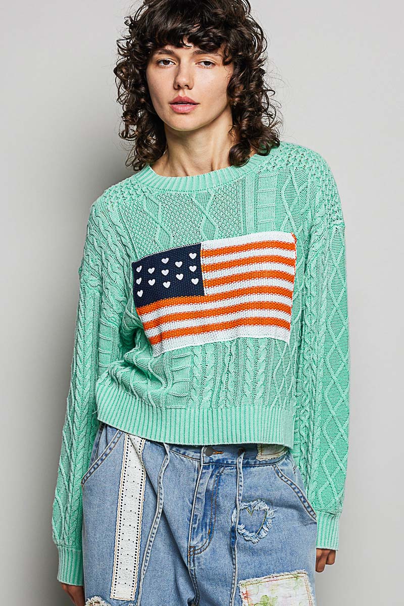 Cable Knit Flag Sweater - Mint