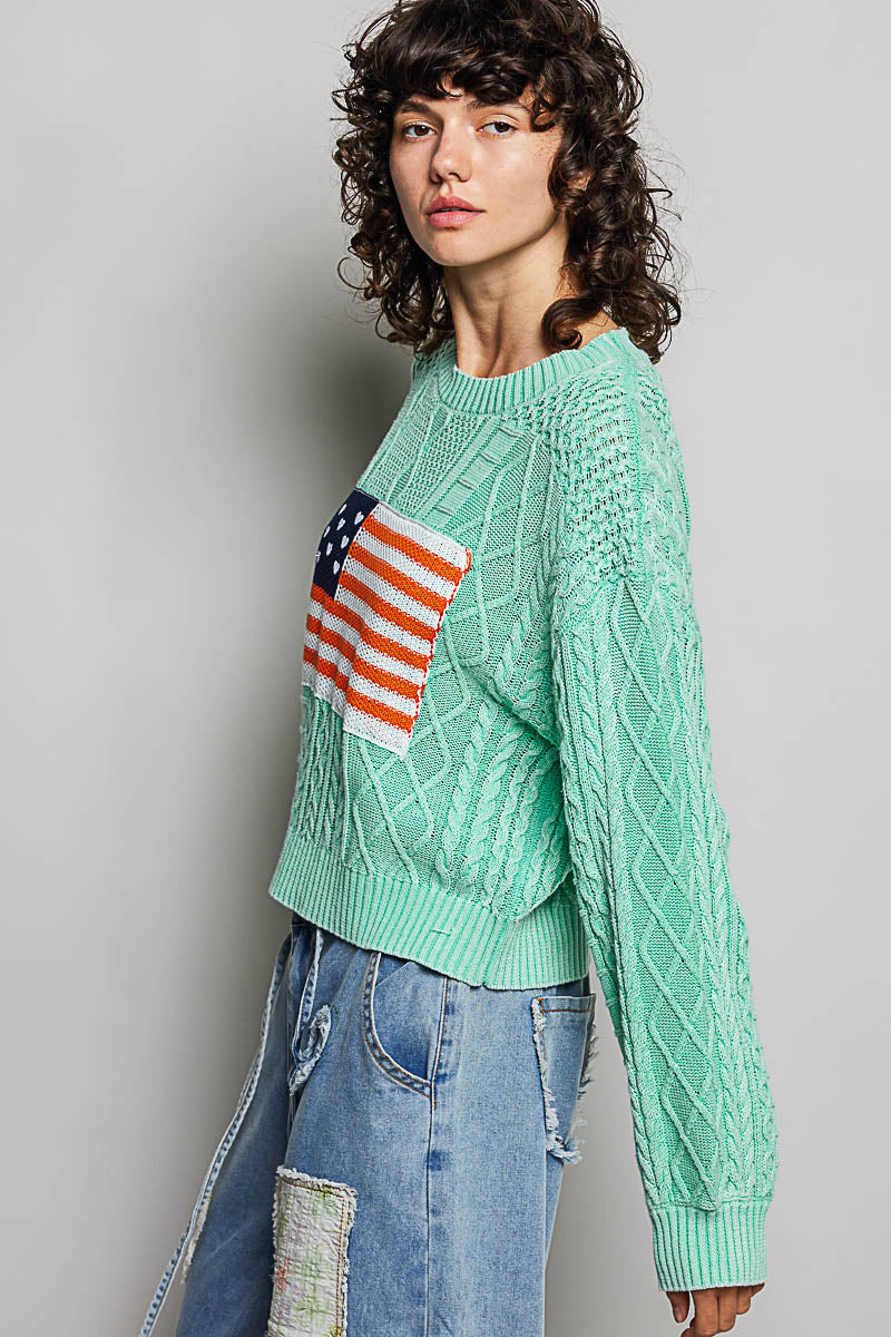 Cable Knit Flag Sweater - Mint