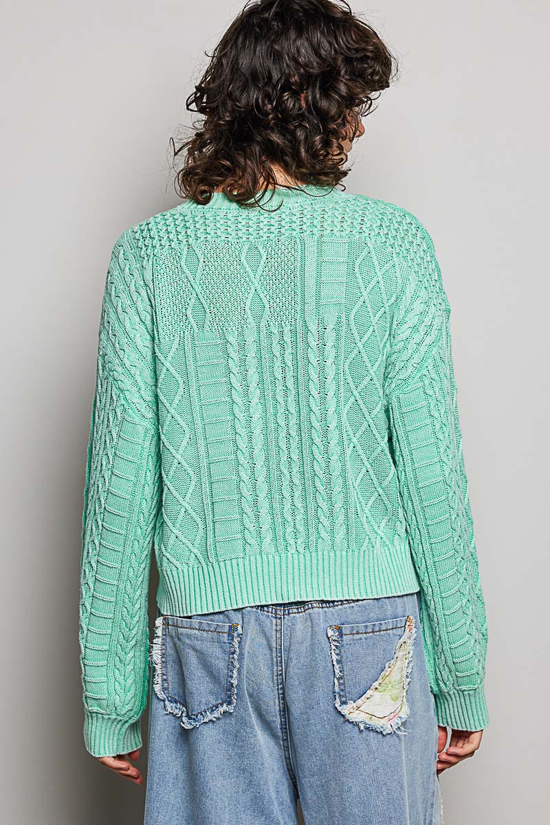 Cable Knit Flag Sweater - Mint