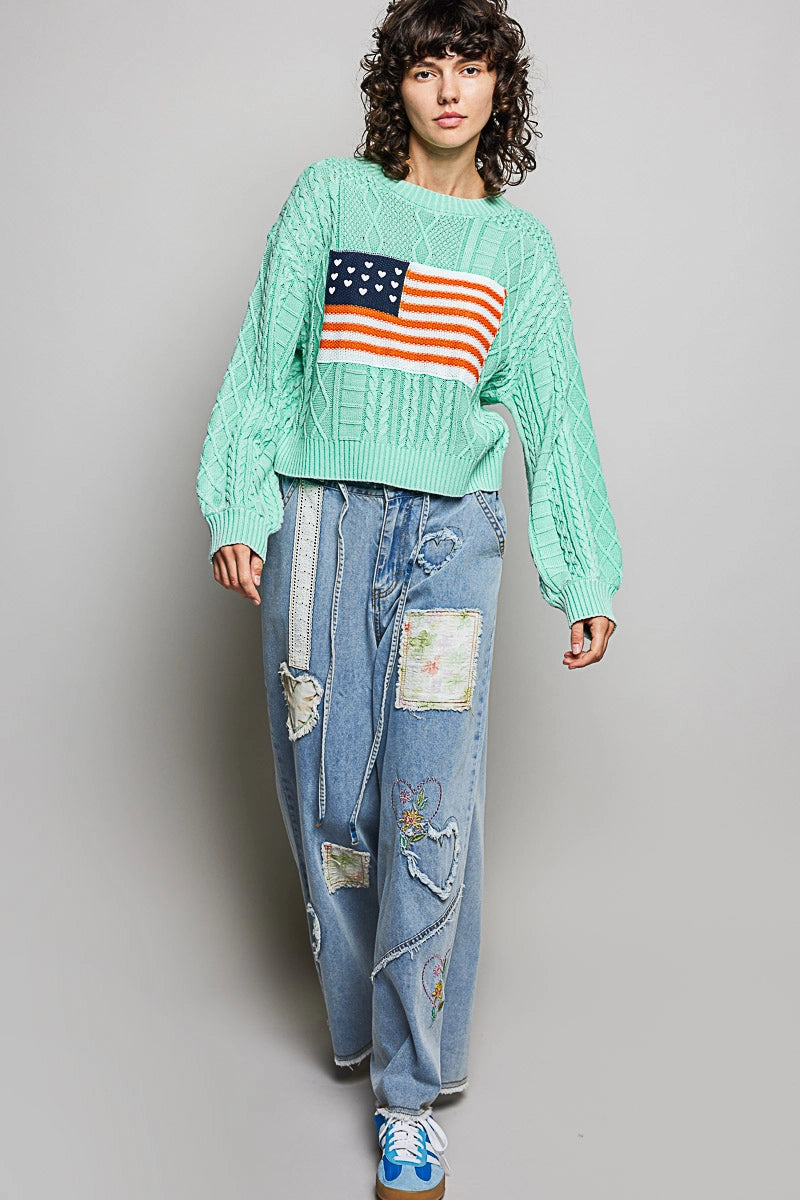 Cable Knit Flag Sweater - Mint