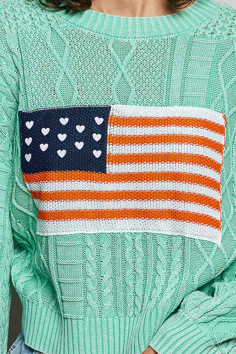Cable Knit Flag Sweater - Mint