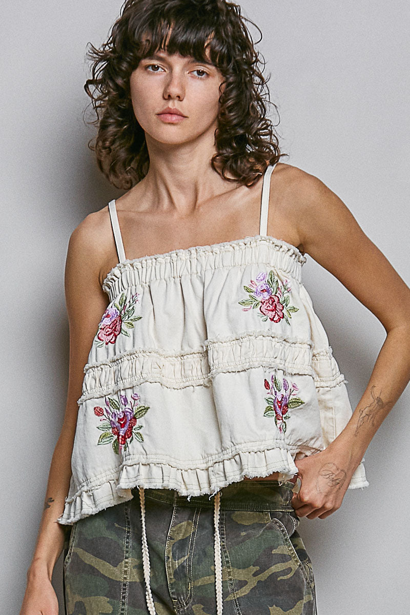 Embroidered Raw Edge Top