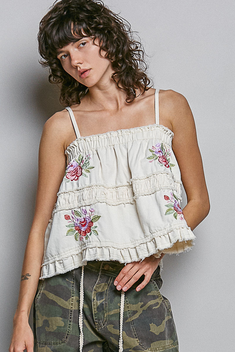 Embroidered Raw Edge Top