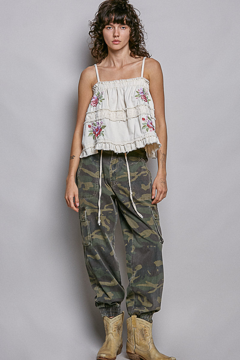 Embroidered Raw Edge Top