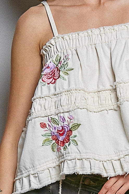 Embroidered Raw Edge Top