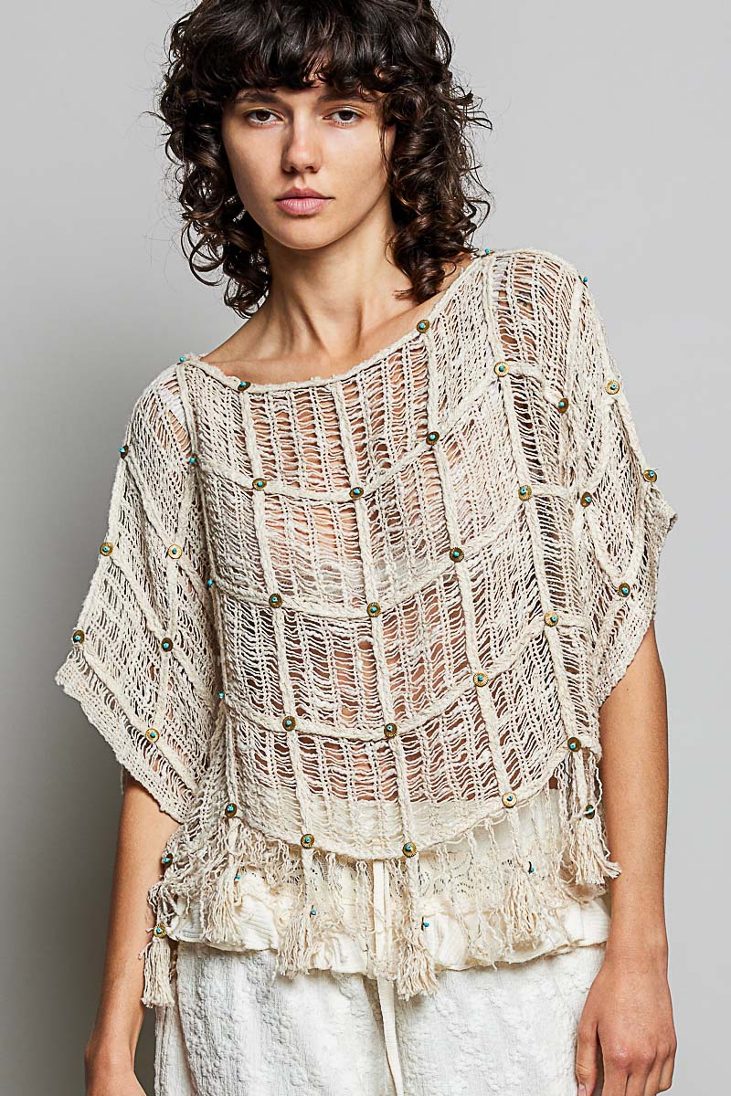 Boho Tassel Rivet Accent Round Neck Short Sleeve - Natural