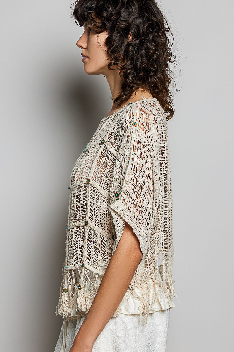 Boho Tassel Rivet Accent Round Neck Short Sleeve - Natural