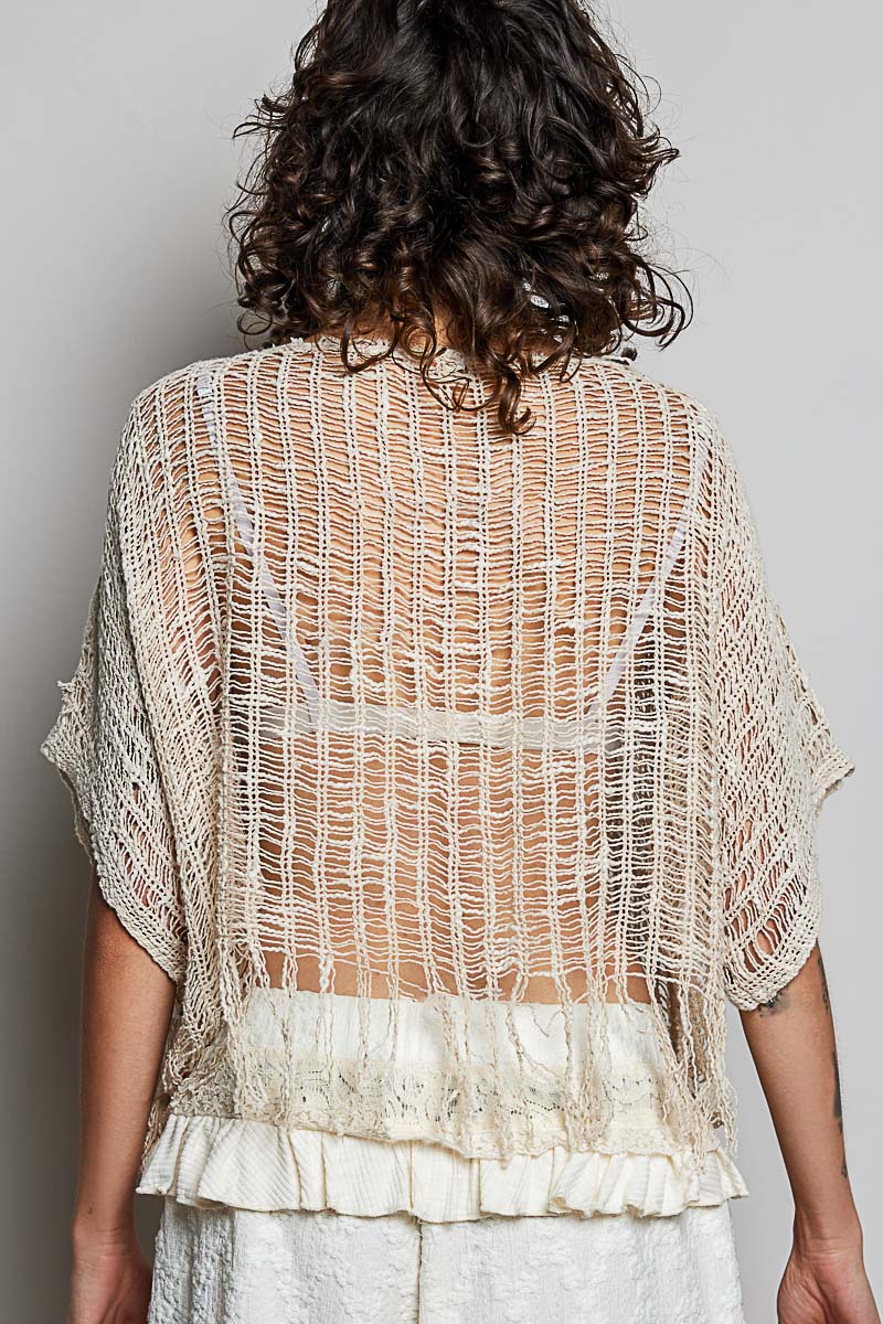 Boho Tassel Rivet Accent Round Neck Short Sleeve - Natural