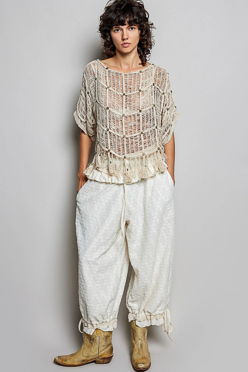 Boho Tassel Rivet Accent Round Neck Short Sleeve - Natural