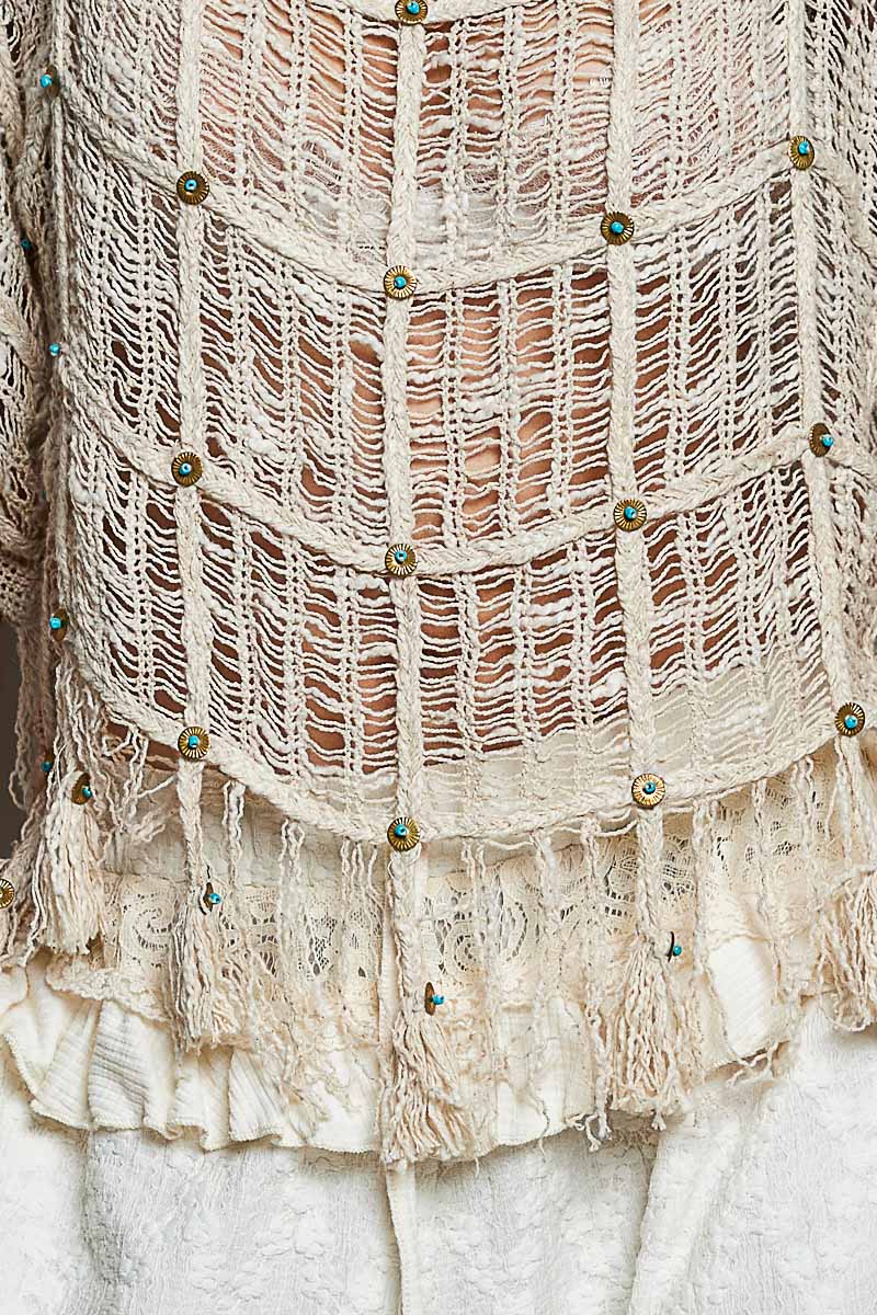 Boho Tassel Rivet Accent Round Neck Short Sleeve - Natural