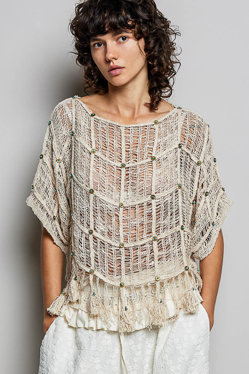 Boho Tassel Rivet Accent Round Neck Short Sleeve - Natural