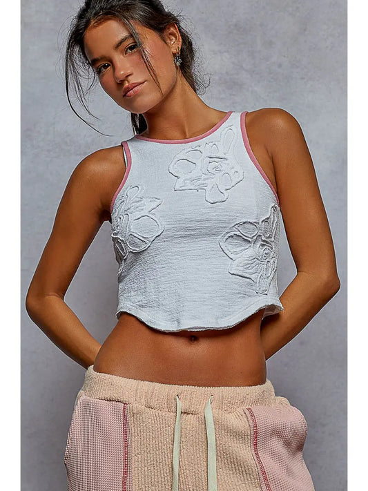 Round Neck with Embroidered Detail Sleeveless Top - Off-White