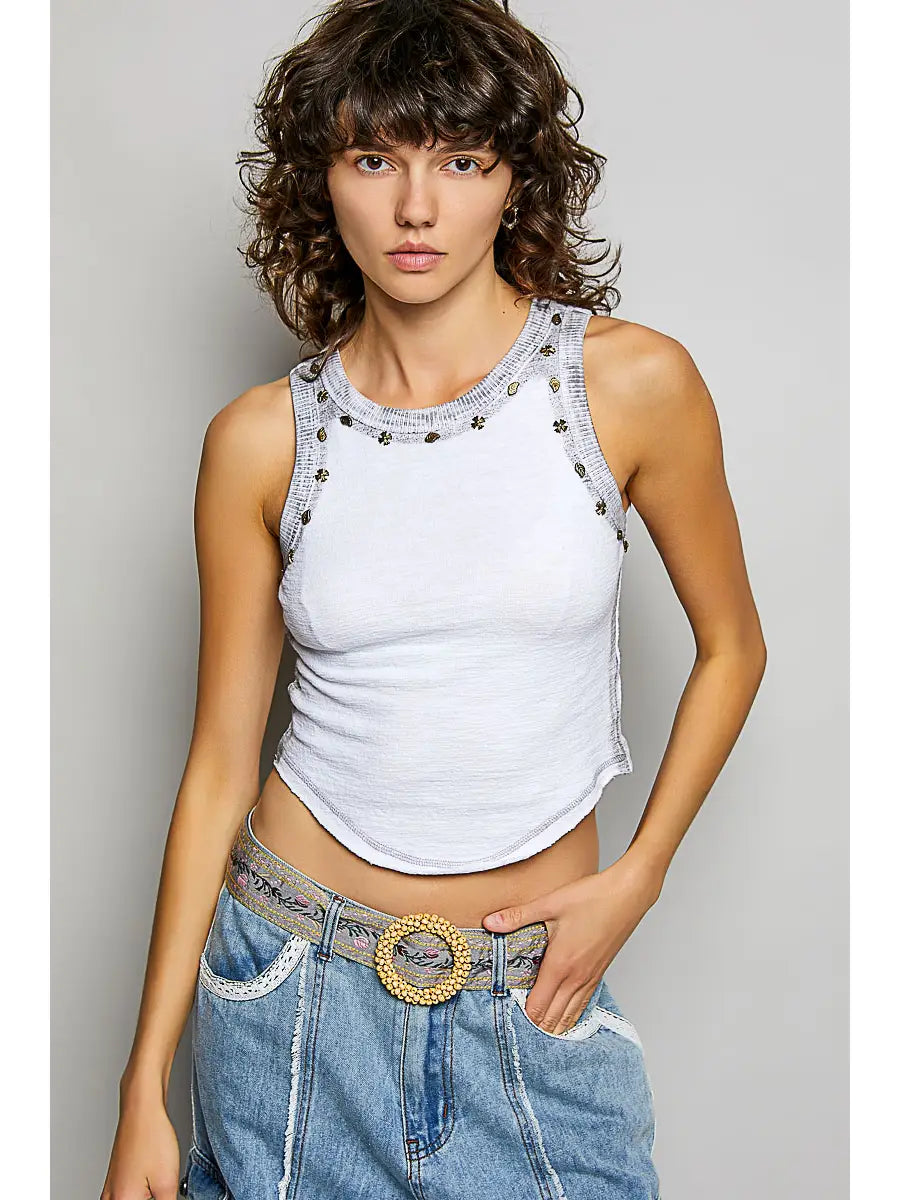Embellished Washed Tank - Off White