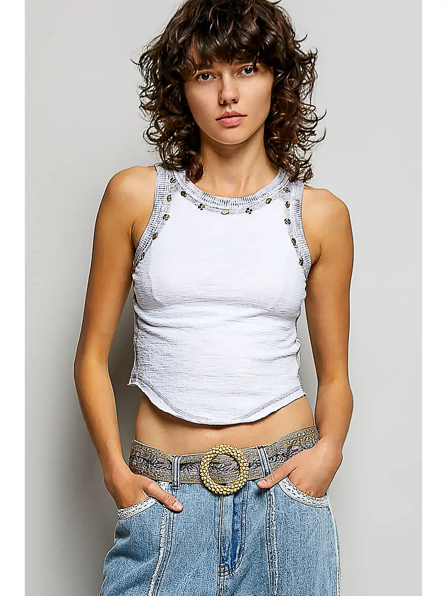 Embellished Washed Tank - Off White