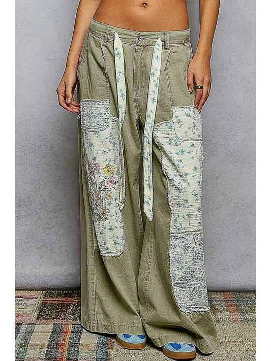 Floral Embroidered Buckle Back Detail Denim Woven Pants - Olive