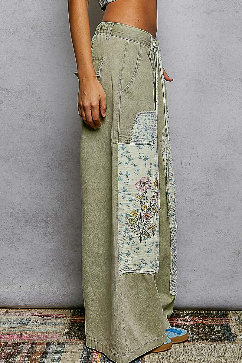 Floral Embroidered Buckle Back Detail Denim Woven Pants - Olive