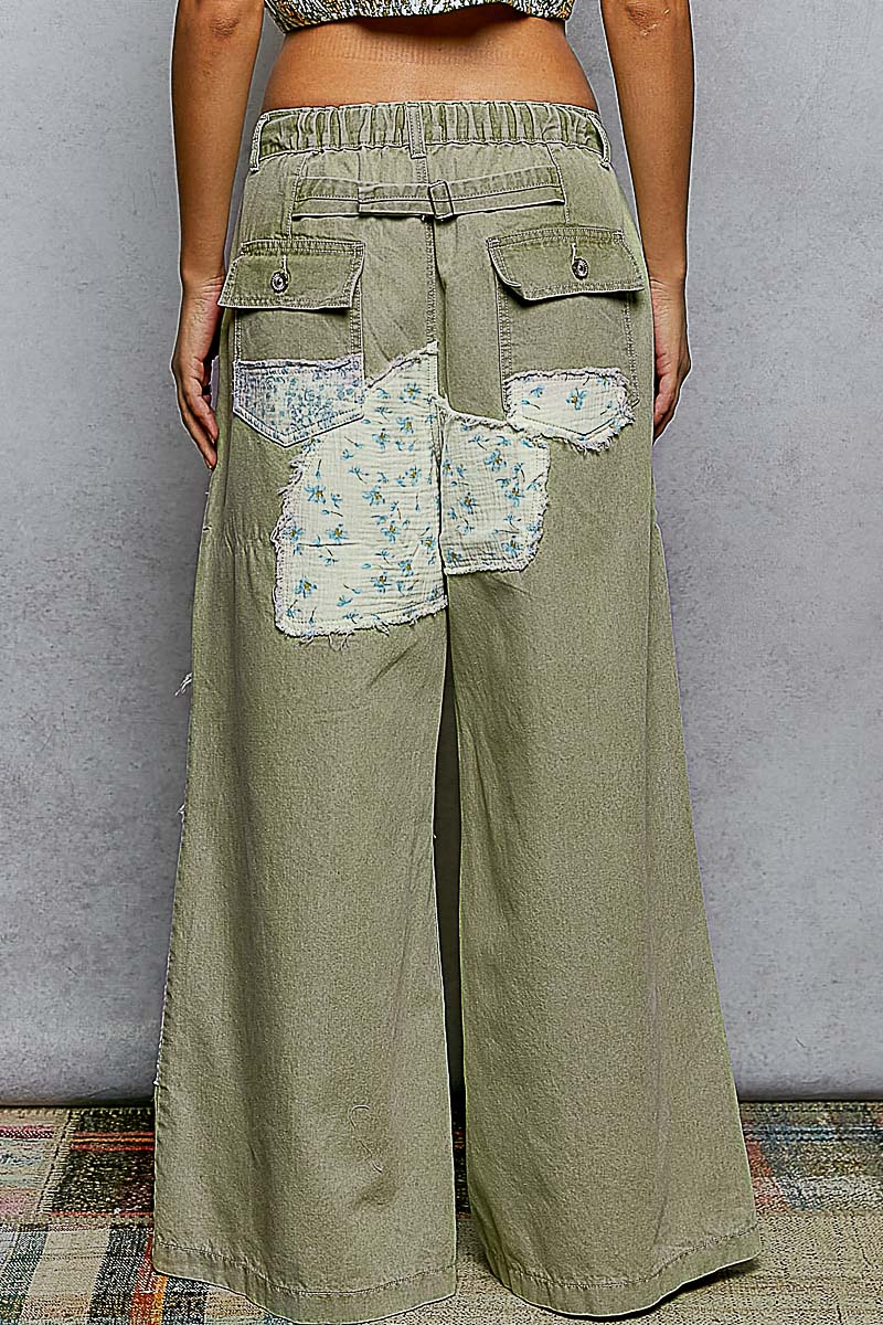 Floral Embroidered Buckle Back Detail Denim Woven Pants - Olive