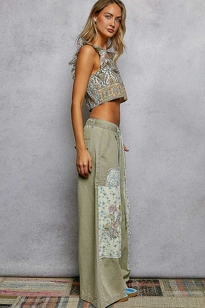 Floral Embroidered Buckle Back Detail Denim Woven Pants - Olive