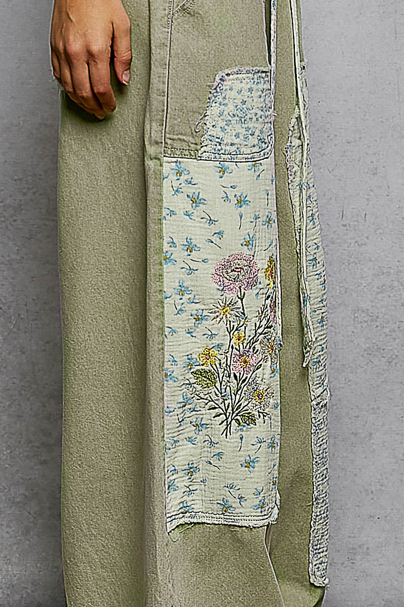 Floral Embroidered Buckle Back Detail Denim Woven Pants - Olive